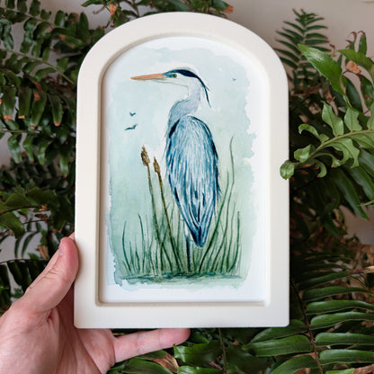 Blue Heron in Reeds - Large Arched Frame