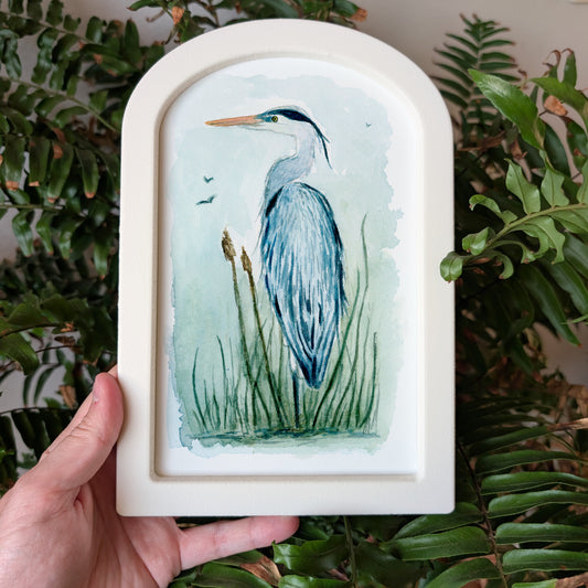 Blue Heron in Reeds - Large Arched Frame