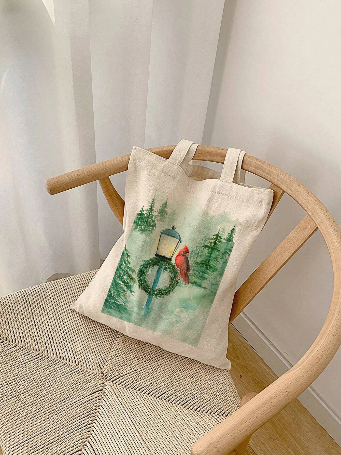 Red Cardinal Bird on Light Post - Watercolor Canvas Tote Bag - Lora Cavallin Art