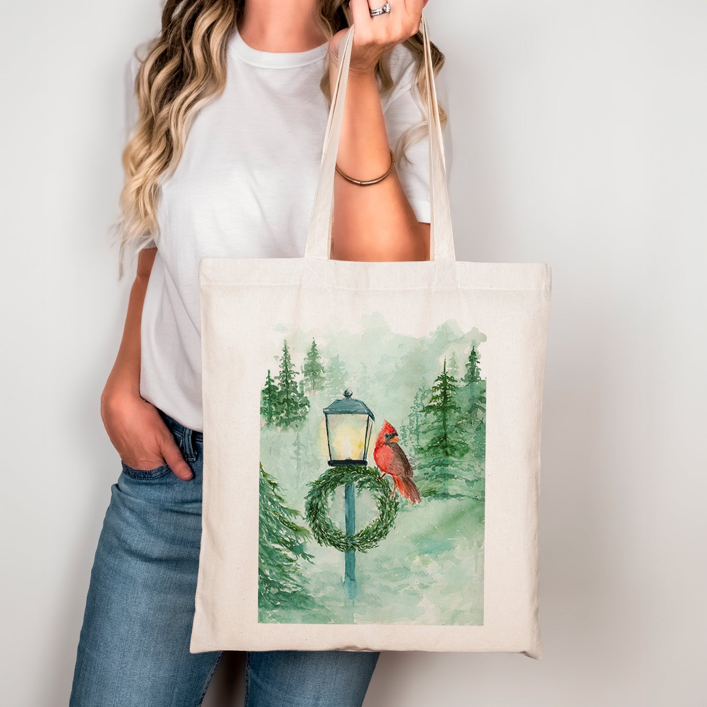 Red Cardinal Bird on Light Post - Watercolor Canvas Tote Bag - Lora Cavallin Art