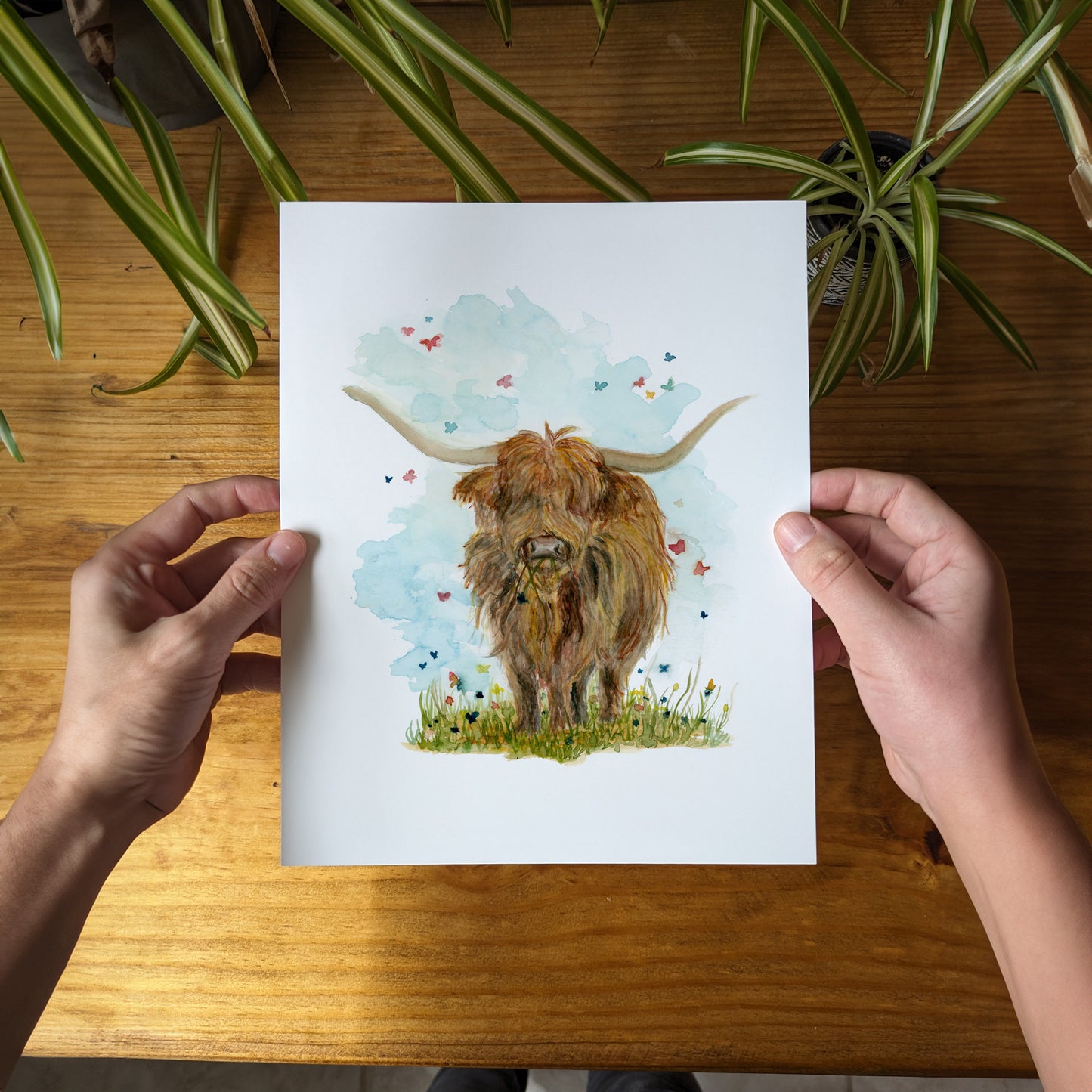 a person holding up a card with a picture of a cow