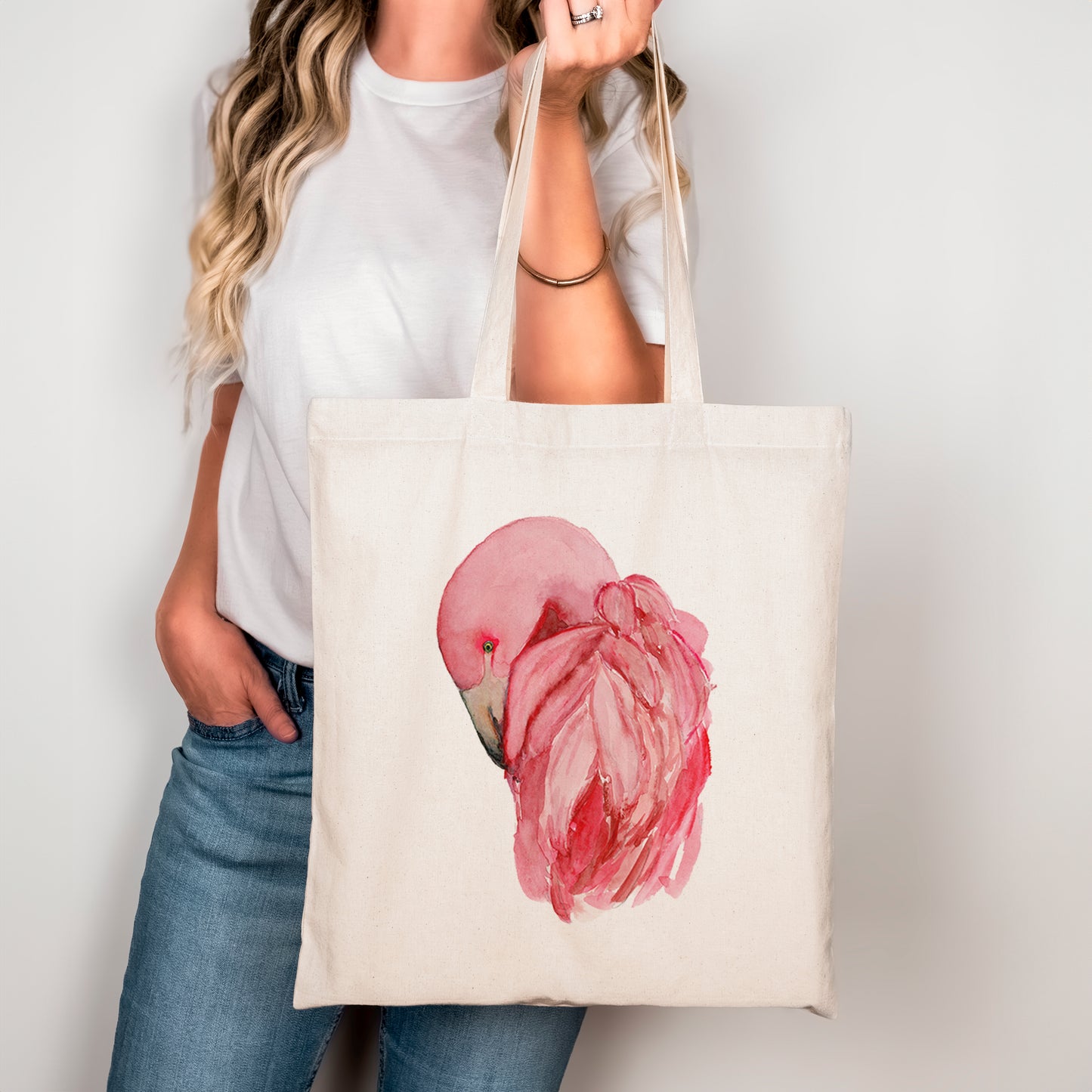 Flamingo Preening Watercolor Canvas Tote Bag