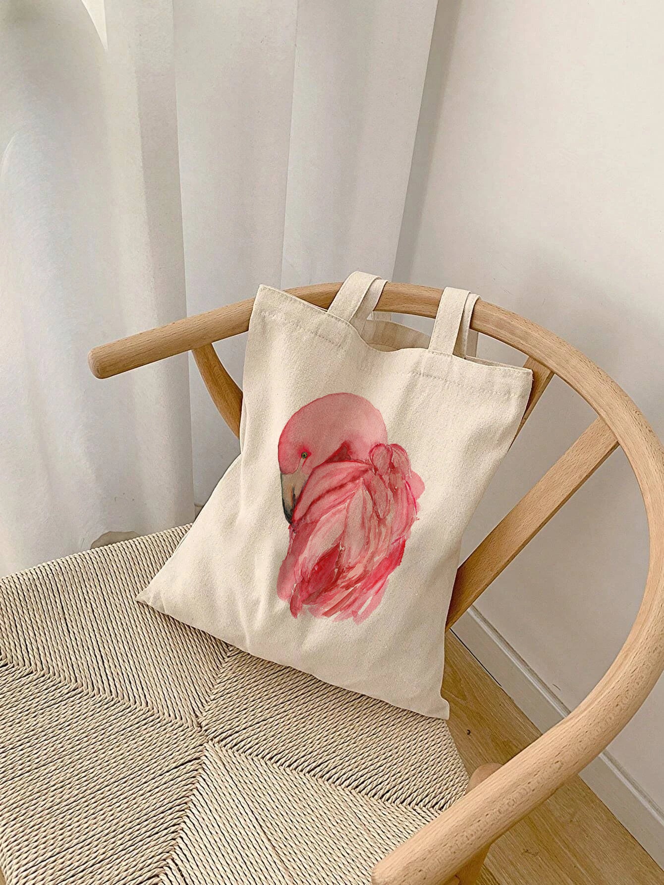 Flamingo Preening Watercolor Canvas Tote Bag