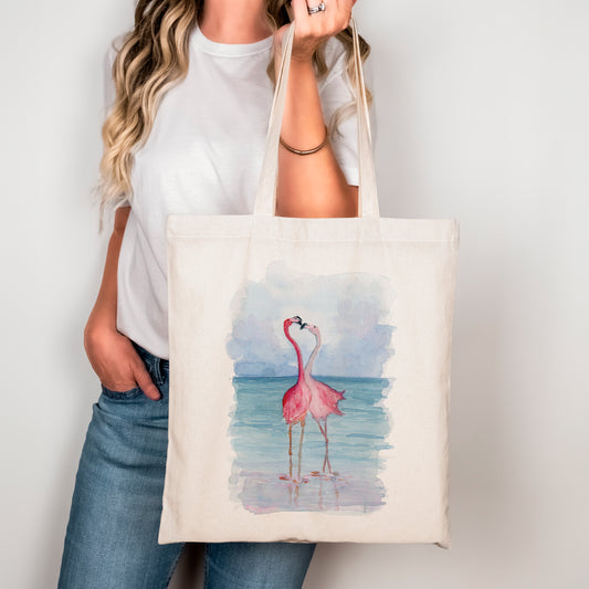 Flamingos in Love - Watercolor Canvas Tote Bag - Lora Cavallin Art