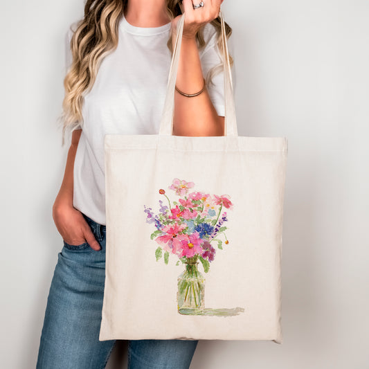 Flowers in a Vase - Watercolor Canvas Tote Bag - Lora Cavallin Art