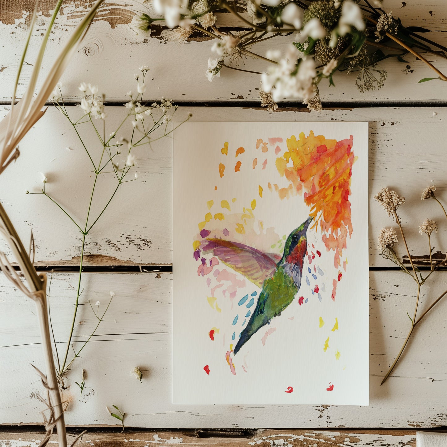 Vibrant Hummingbird Haven Watercolor Print - Lora Cavallin Art - Not Framed Print Only