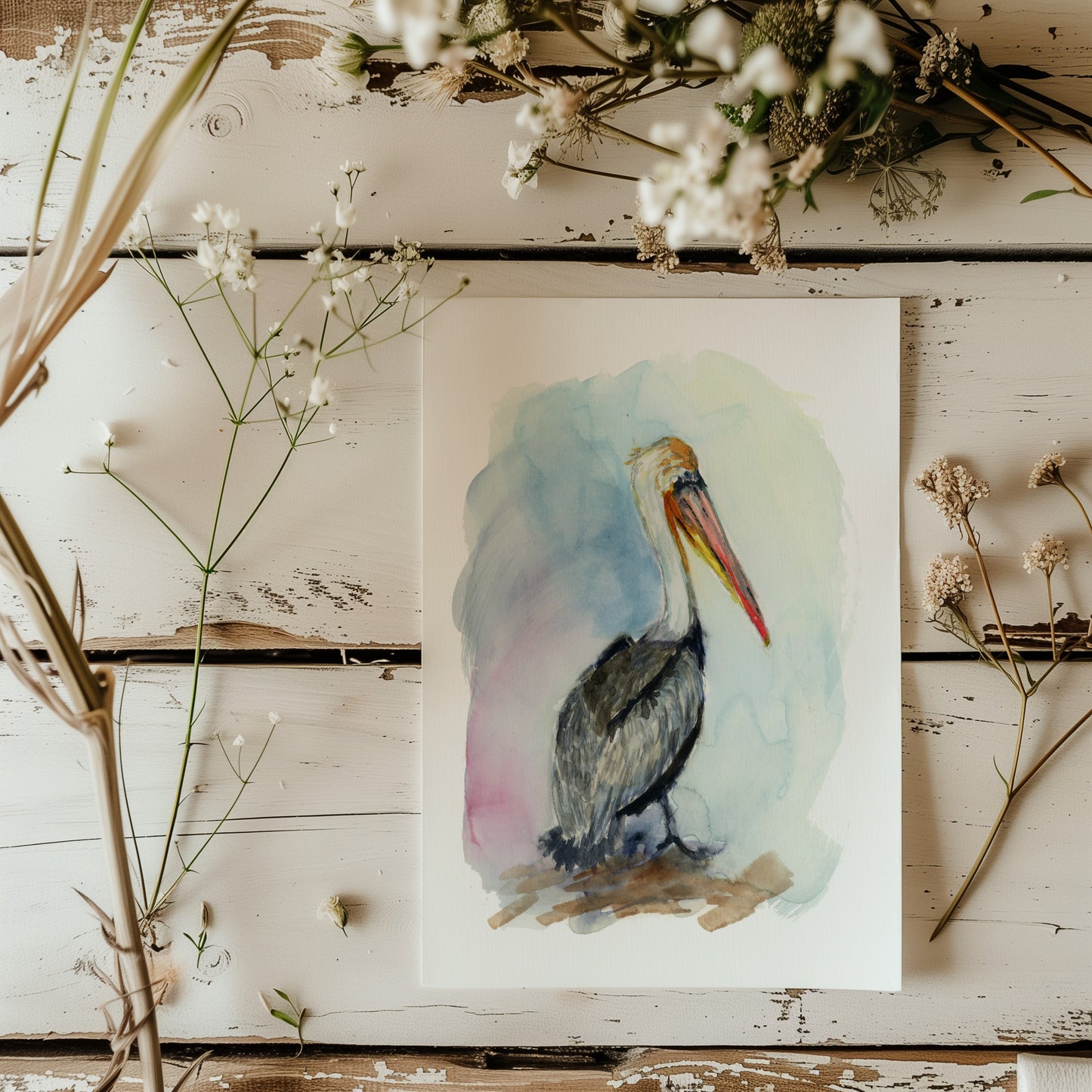 Pelican's Pastel Paradise Watercolor Print - Lora Cavallin Art - Not Framed Print Only