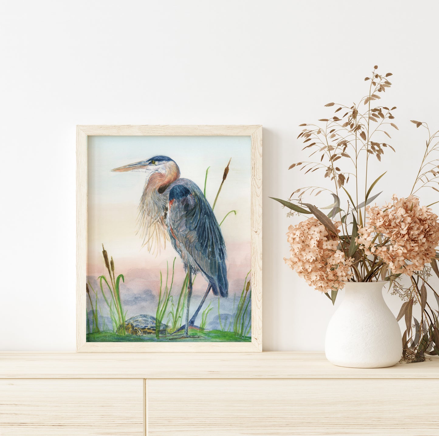 Great Blue Heron with turtle - Lora Cavallin Art - Not Framed Print Only