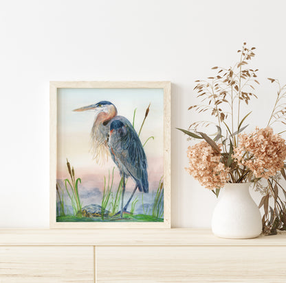 Great Blue Heron with turtle - Lora Cavallin Art - Not Framed Print Only