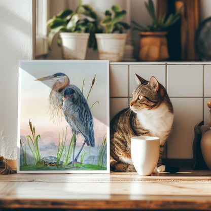 Great Blue Heron with turtle - Lora Cavallin Art - Not Framed Print Only