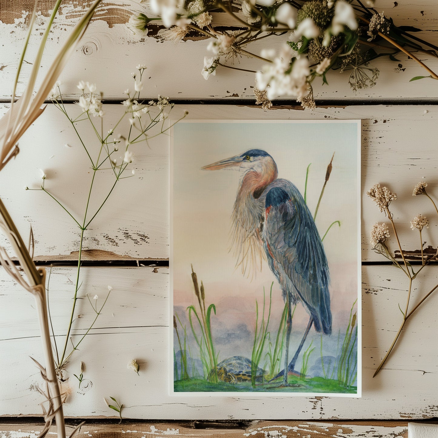 Great Blue Heron with turtle - Lora Cavallin Art - Not Framed Print Only