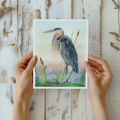 Great Blue Heron with turtle - Lora Cavallin Art - Not Framed Print Only