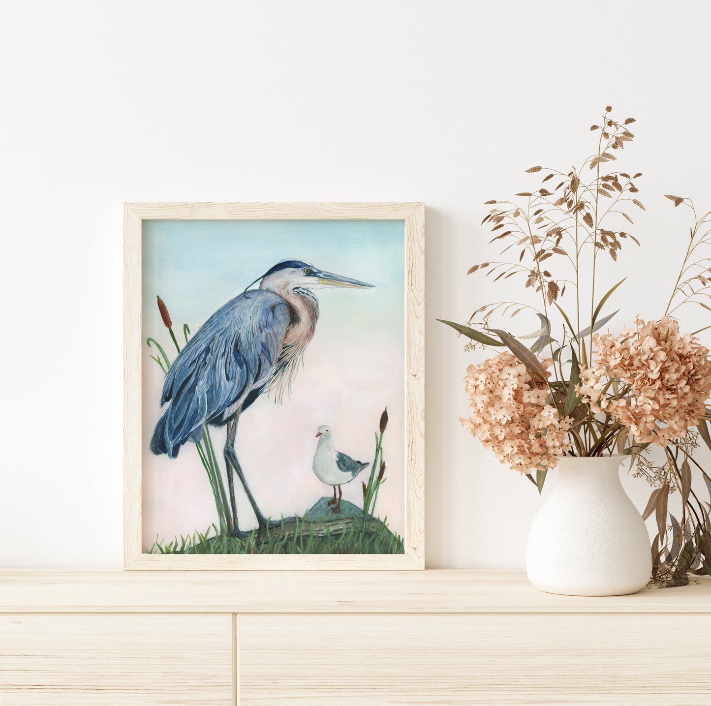 Great Blue Heron with Seagull- Lora Cavallin Art - Not Framed Print Only