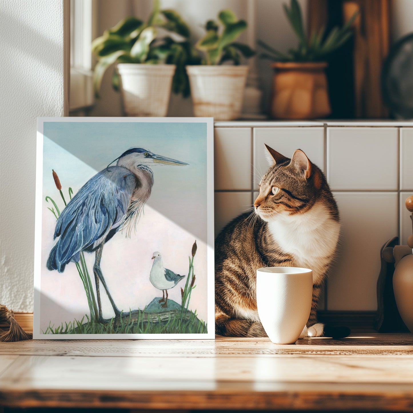 Great Blue Heron with Seagull- Lora Cavallin Art - Not Framed Print Only