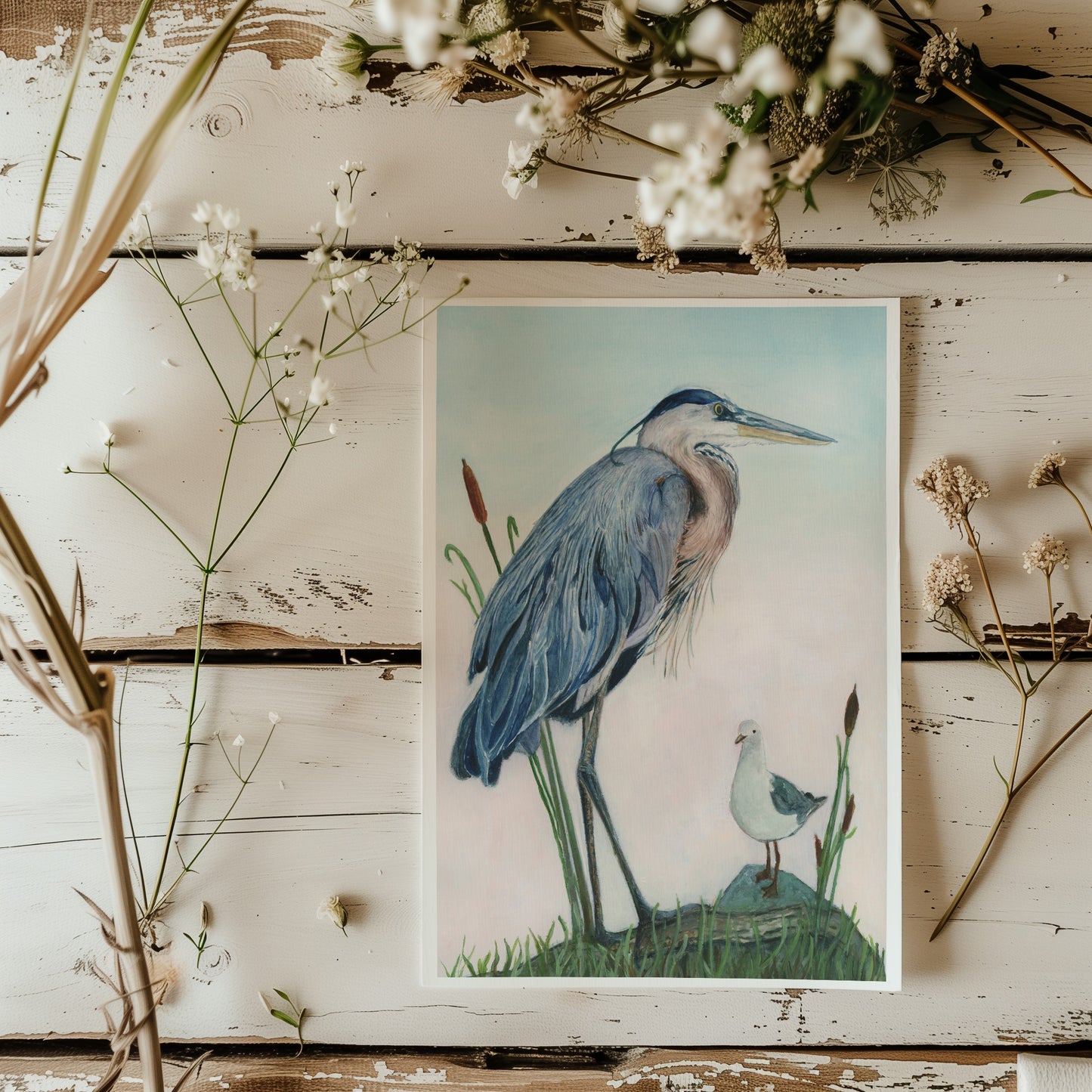 Great Blue Heron with Seagull- Lora Cavallin Art - Not Framed Print Only
