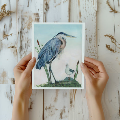 Great Blue Heron with Seagull- Lora Cavallin Art - Not Framed Print Only