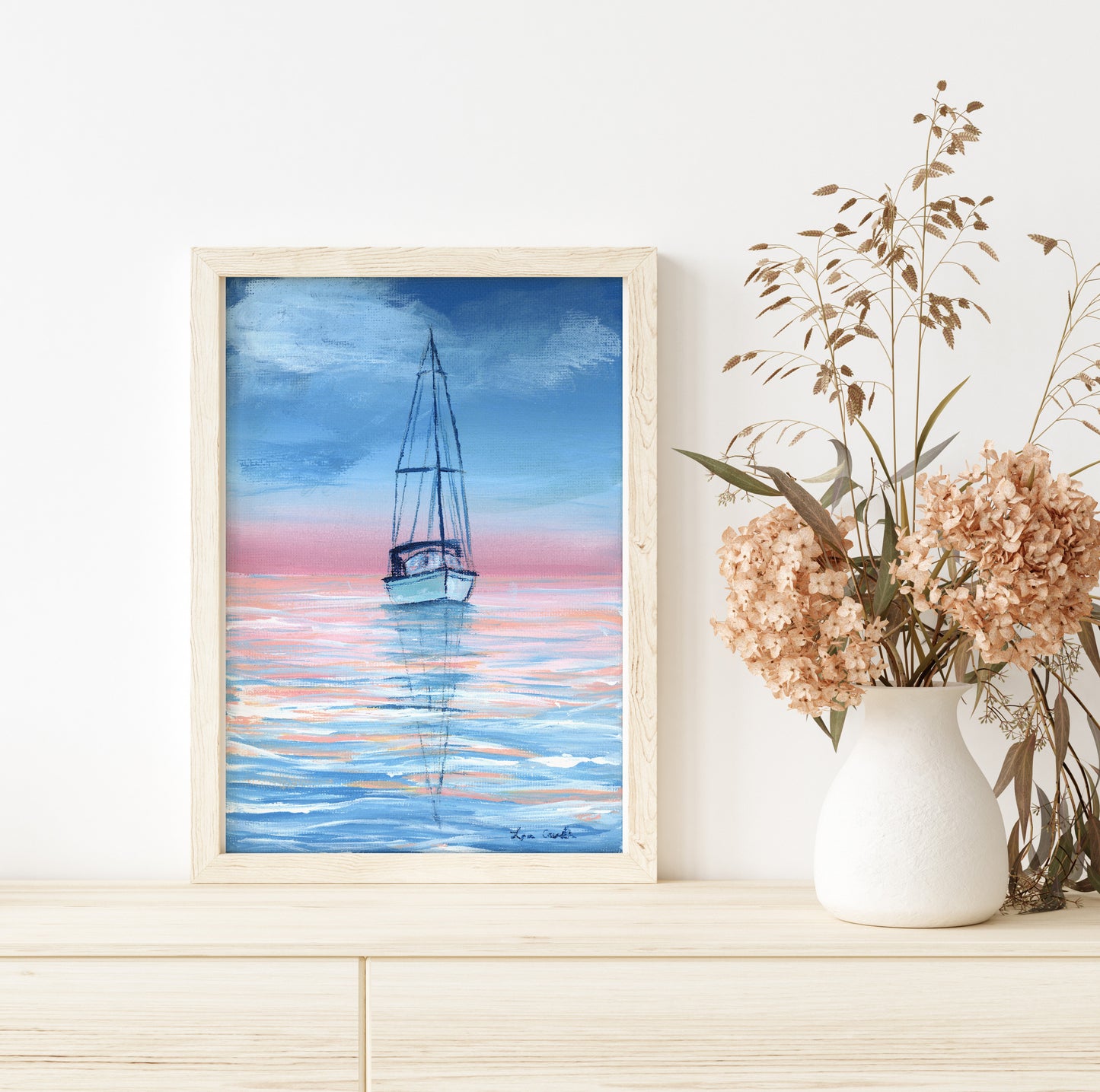 Sailboat in Sunset- Lora Cavallin Art - Not Framed Print Only