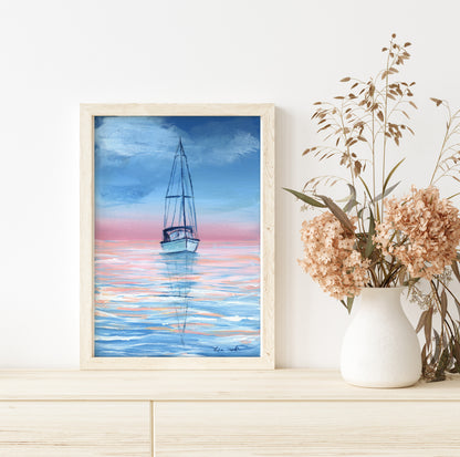 Sailboat in Sunset- Lora Cavallin Art - Not Framed Print Only