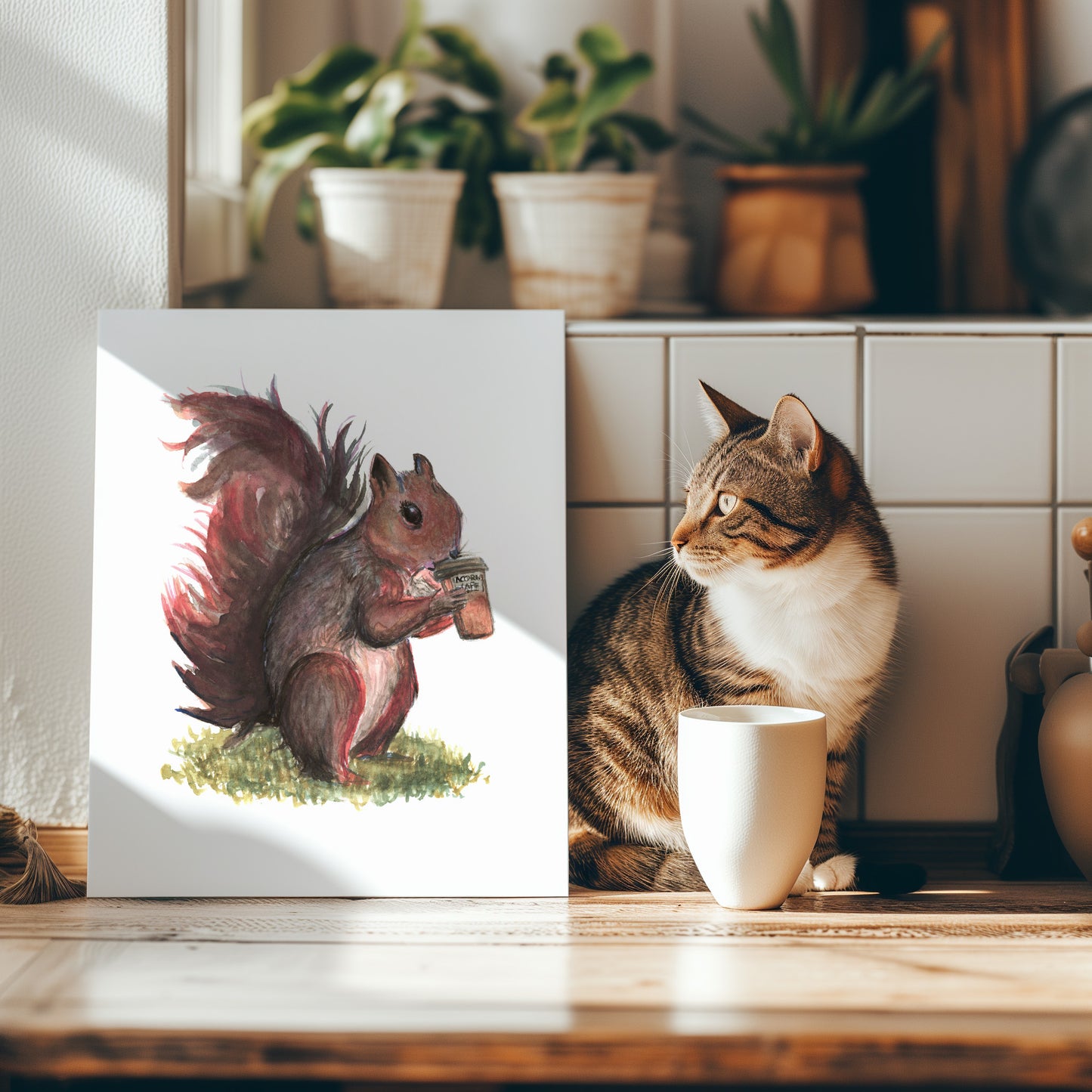 Coffee Connoisseur Squirrel Print - Lora Cavallin Art - Not Framed Print Only