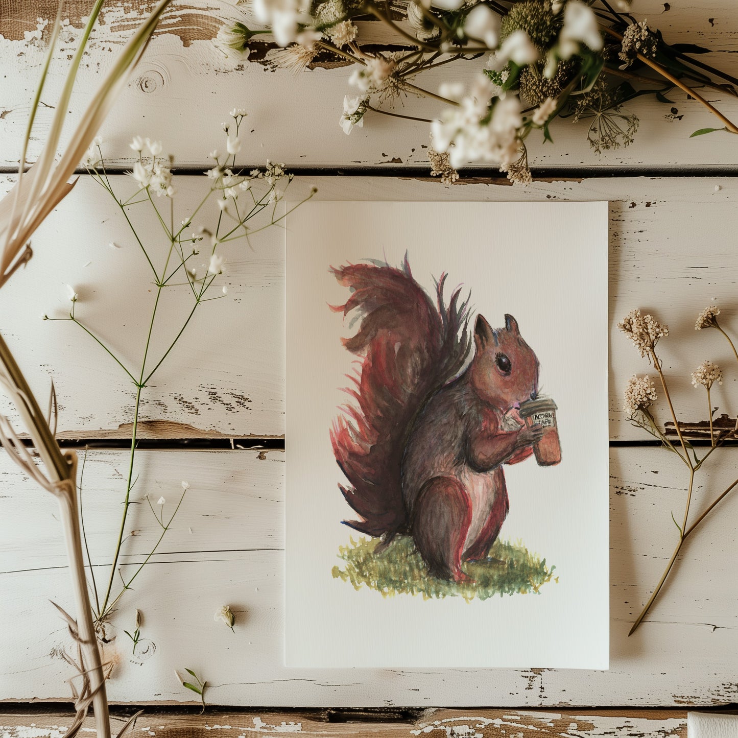 Coffee Connoisseur Squirrel Print - Lora Cavallin Art - Not Framed Print Only