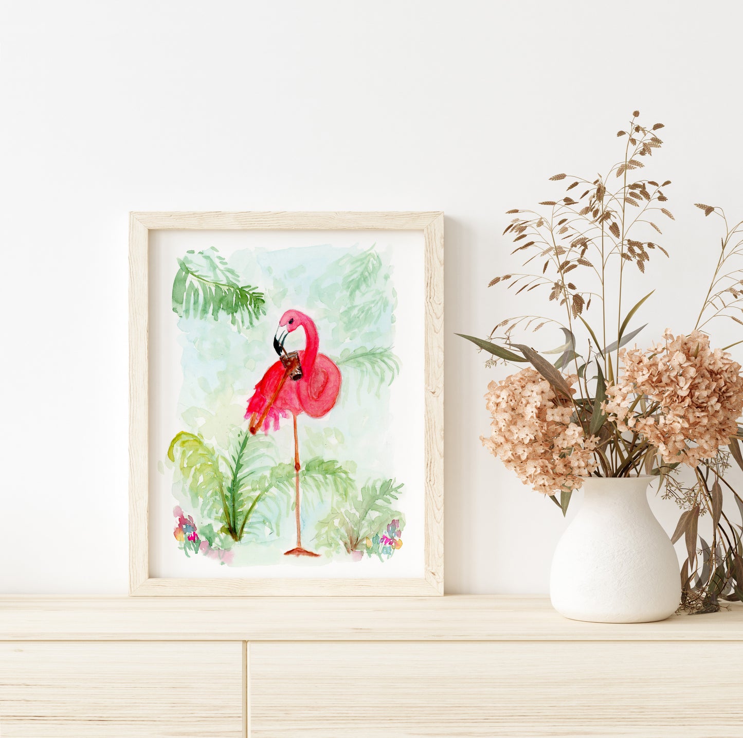 Flamingo Drinking Coffee - Lora Cavallin Art - Not Framed Print Only