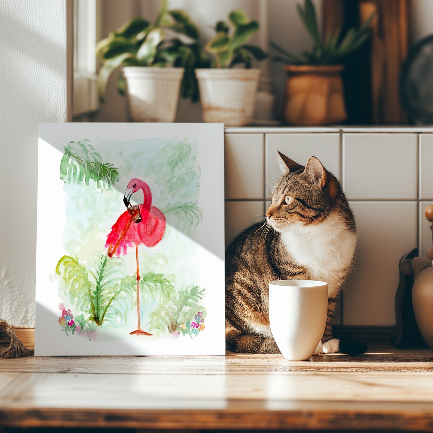 Flamingo Drinking Coffee - Lora Cavallin Art - Not Framed Print Only