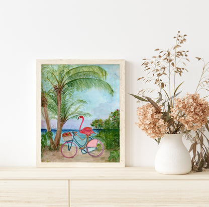 Flamingo on a Bike - Lora Cavallin Art - Not Framed Print Only