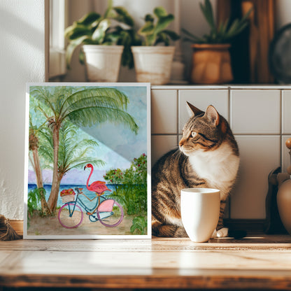 Flamingo on a Bike - Lora Cavallin Art - Not Framed Print Only