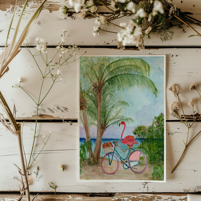 Flamingo on a Bike - Lora Cavallin Art - Not Framed Print Only