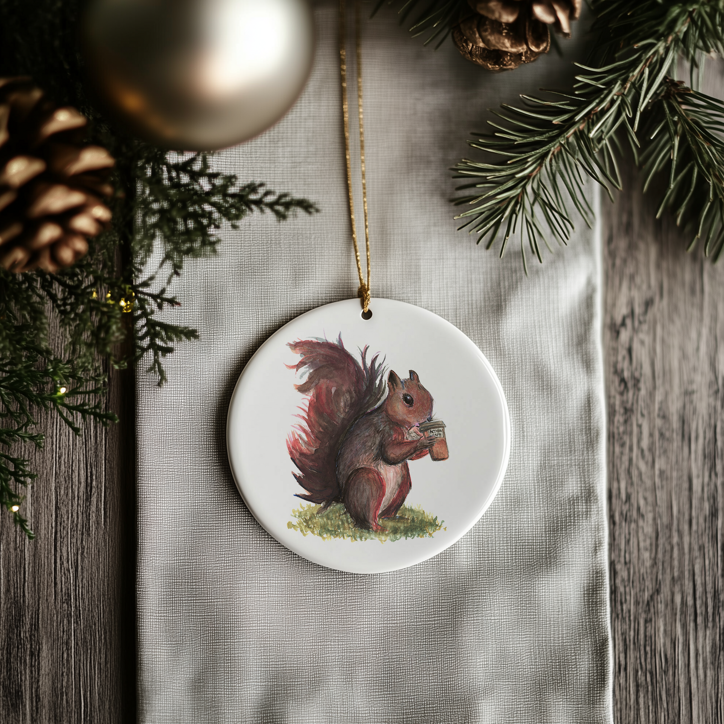 Ceramic Ornament, Whimsical Squirrel Drinking Coffee