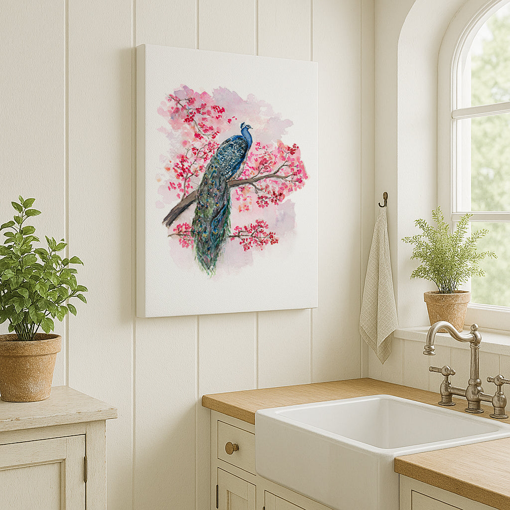 Peacock facing Right -  Stretched Canvas by Lora Cavallin