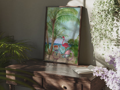 Flamingo on a Bike - Lora Cavallin Art - Not Framed Print Only