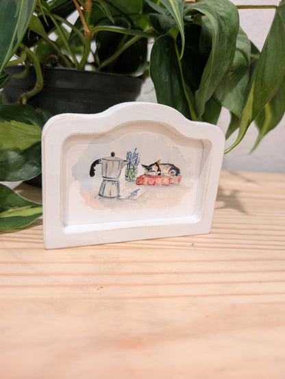 Mini Cat and Coffee Art Print - Wood Arch Frame - Lora Cavallin Art