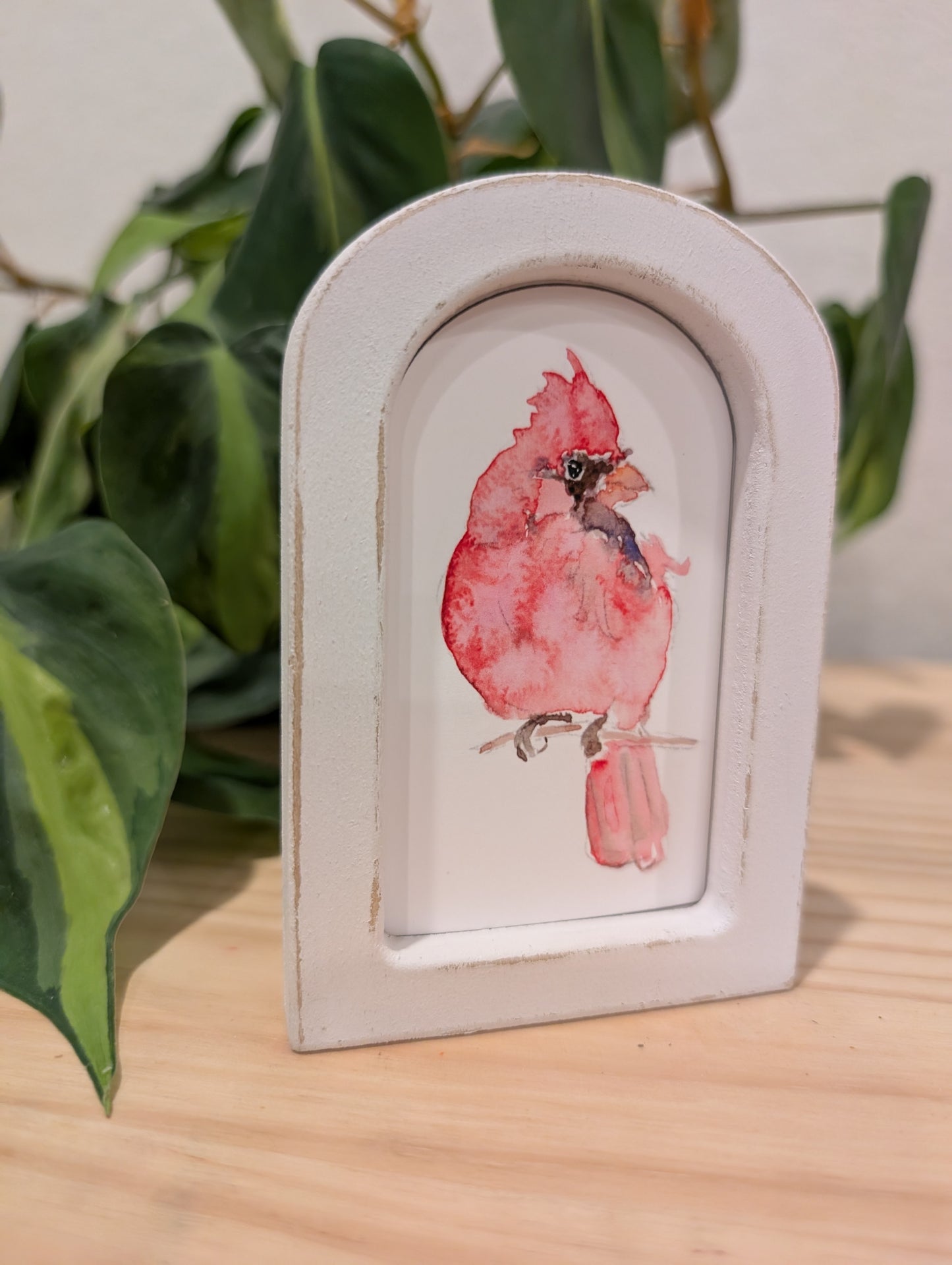 Mini Cardinal Bird Art Print - Wood Arch Frame - Lora Cavallin Art