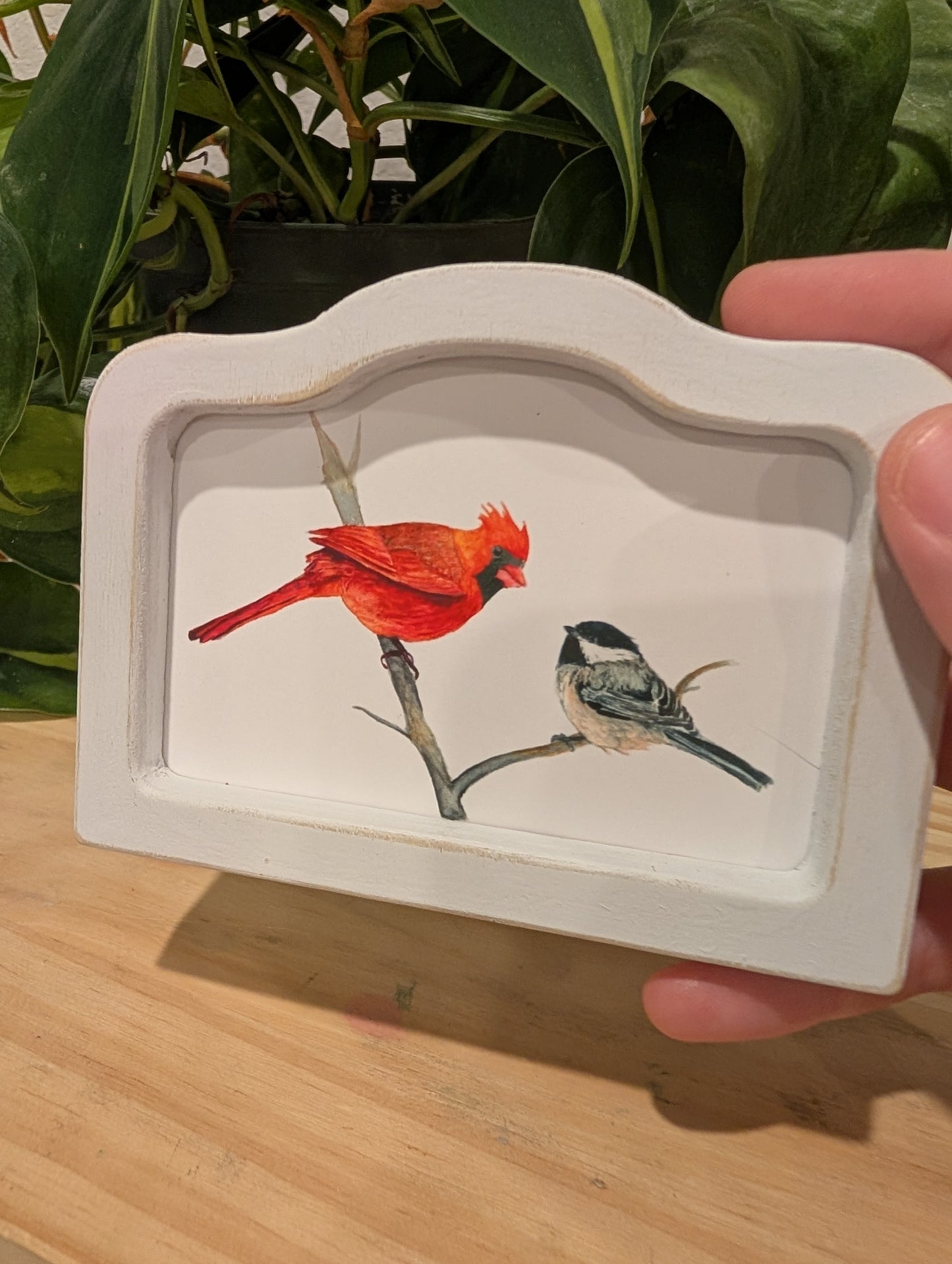 Mini Cardinal Bird and Chickadee Bird Art Print - Wood Arch Frame - Lora Cavallin Art