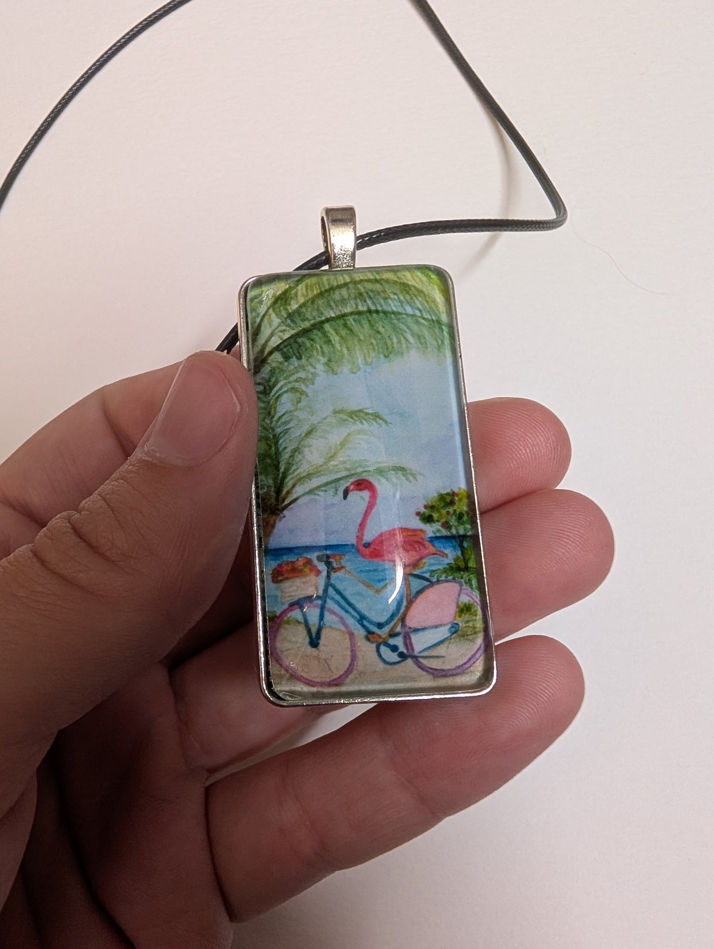 Flamingo on Bike Pendant Necklace - Lora Cavallin Art