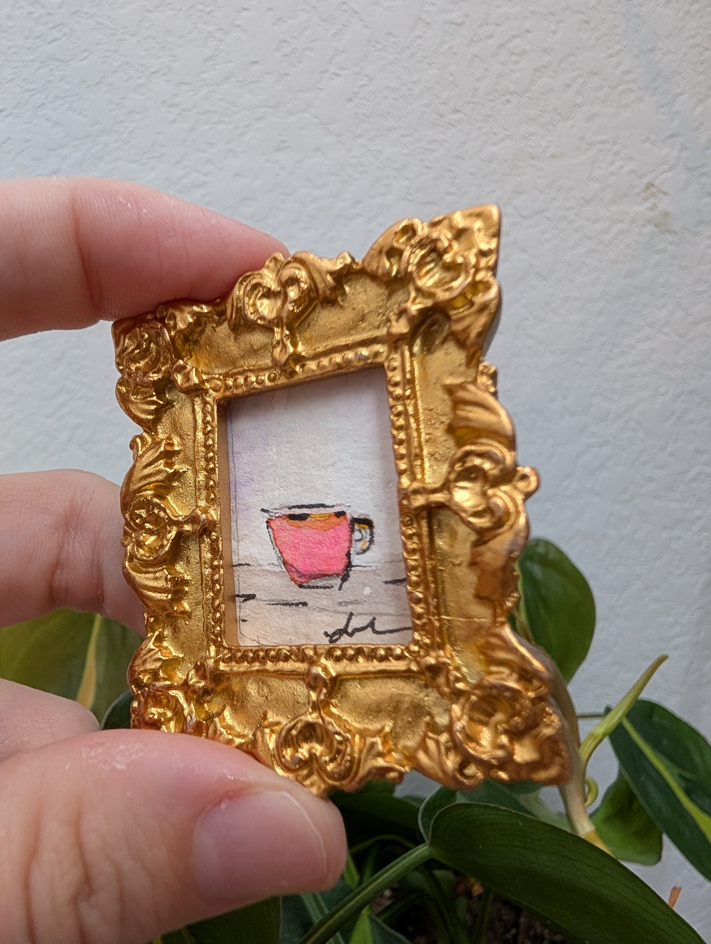 Mini Pink Coffee Mug Painting - Original Watercolor Art by Lora Cavallin