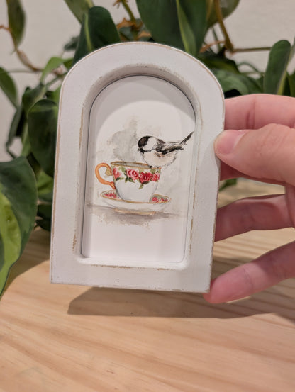 Mini Chickadee Bird on Teacup Art Print - Wood Arch Frame - Lora Cavallin Art