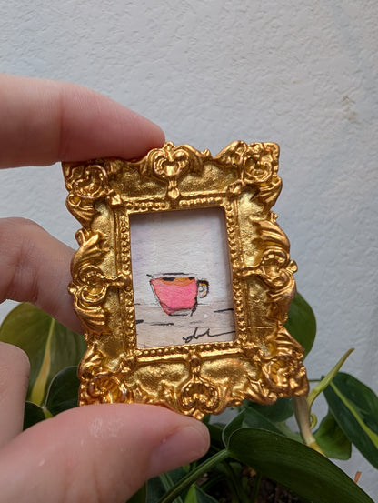 Mini Pink Coffee Mug Painting - Original Watercolor Art by Lora Cavallin