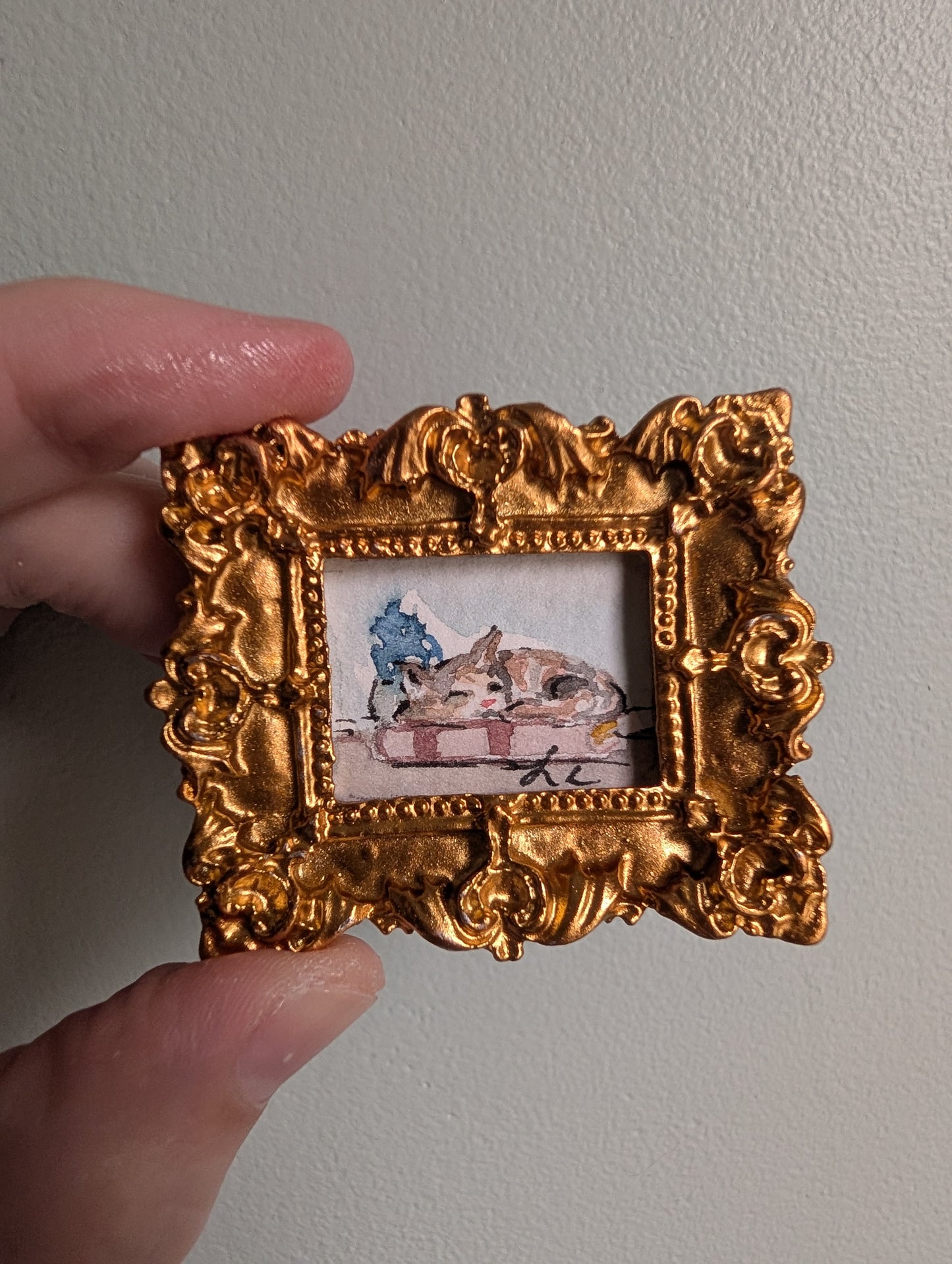 Mini Sleeping Cat Painting - Original Watercolor Art by Lora Cavallin