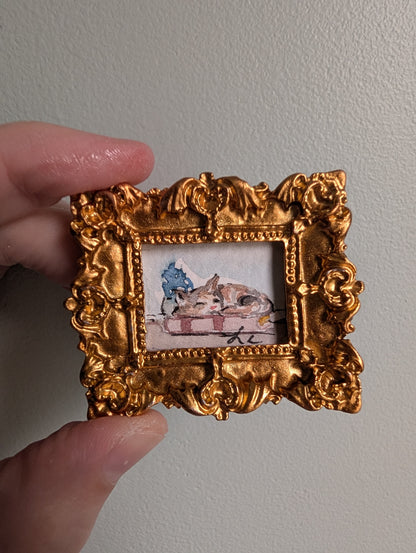 Mini Sleeping Cat Painting - Original Watercolor Art by Lora Cavallin