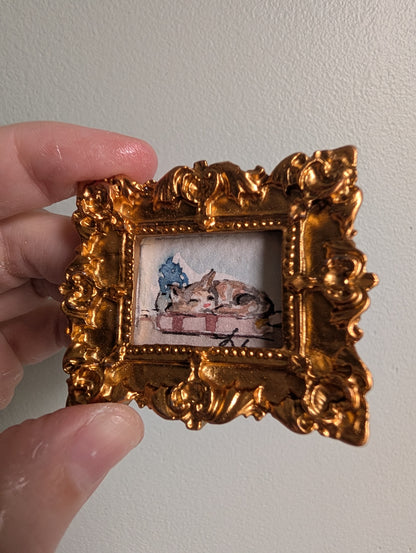 Mini Sleeping Cat Painting - Original Watercolor Art by Lora Cavallin