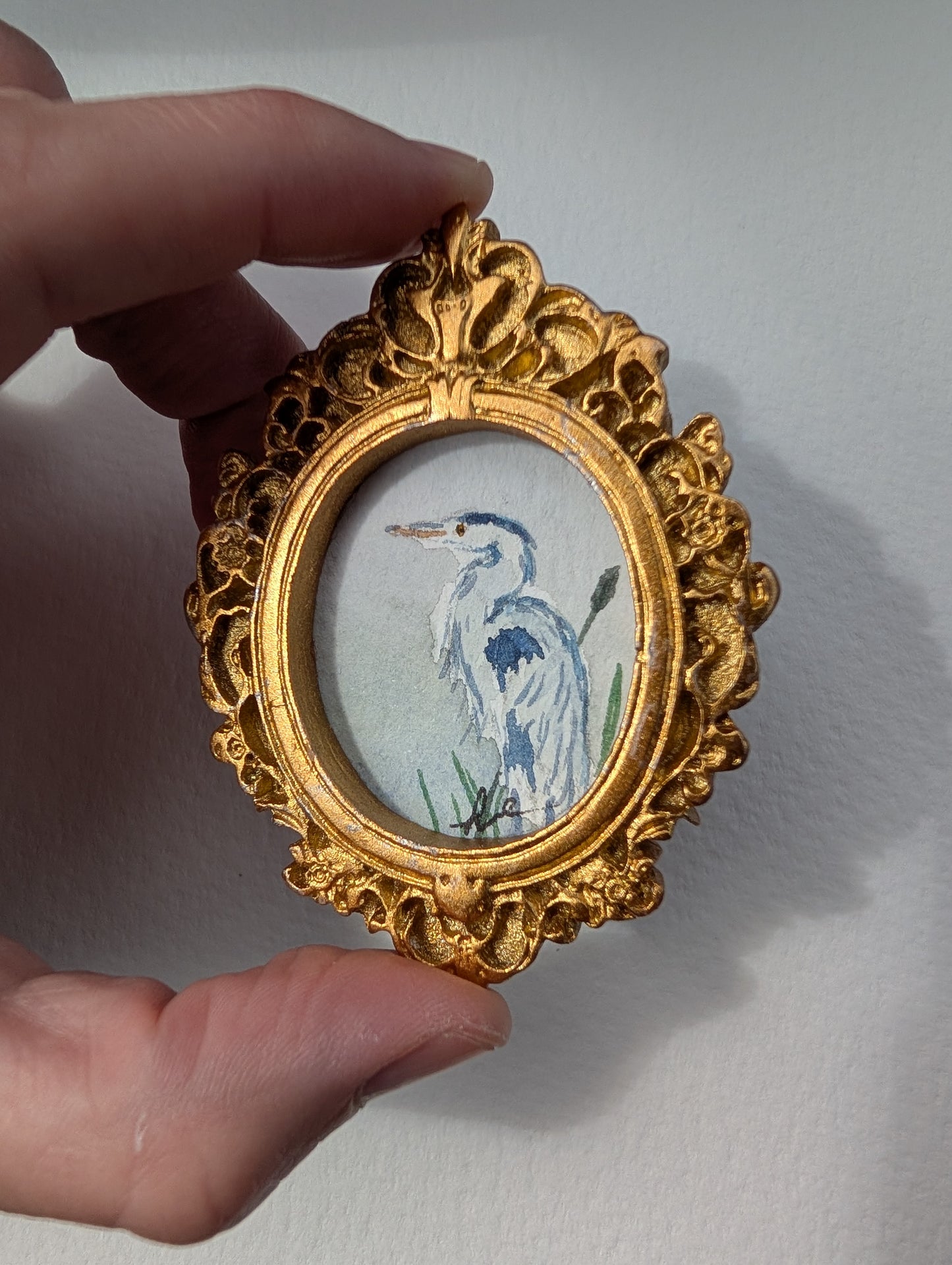 Mini Blue Heron Painting - Original Watercolor Art by Lora Cavallin