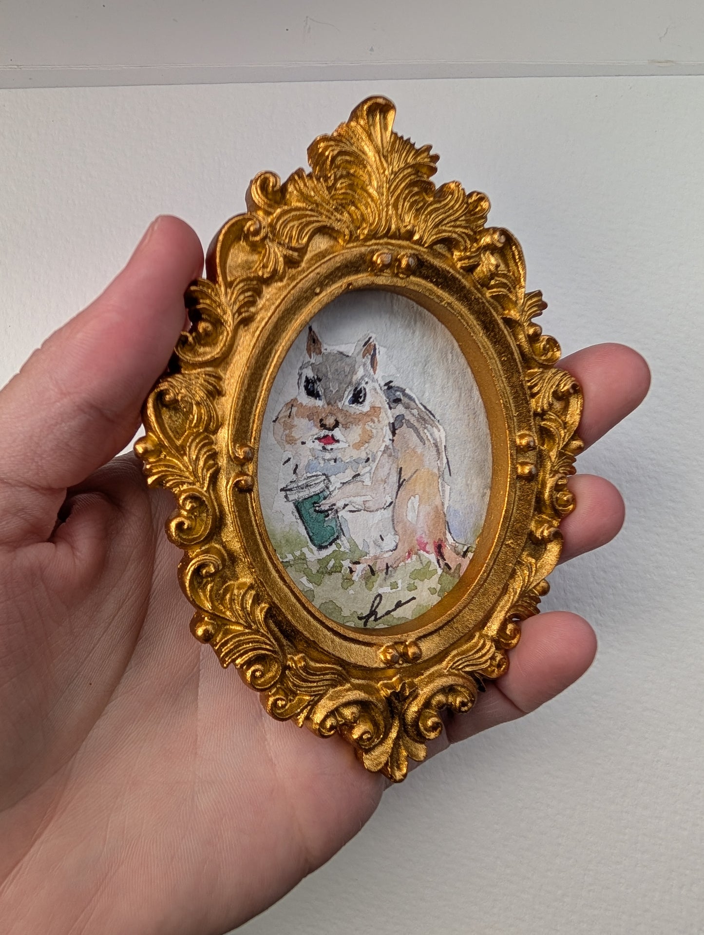 Mini Chipmunk with Coffee Painting - Original Watercolor Art by Lora Cavallin