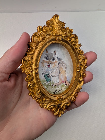 Mini Chipmunk with Coffee Painting - Original Watercolor Art by Lora Cavallin