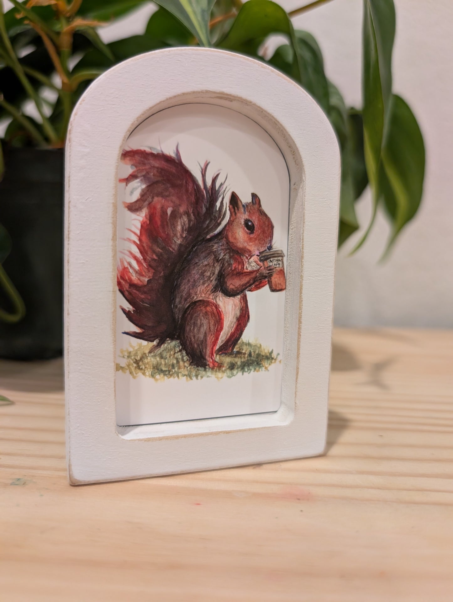 Mini Squirrel Drinking Coffee Art Print - Wood Arch Frame - Lora Cavallin Art