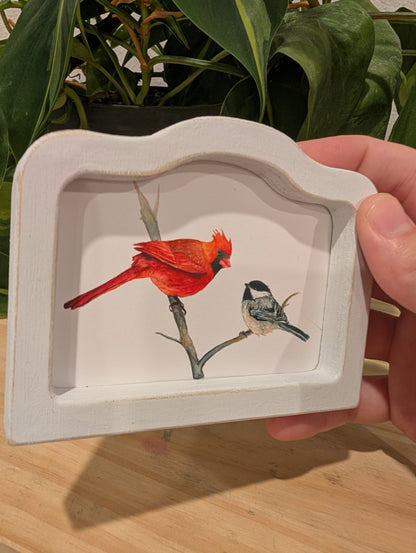 Mini Cardinal Bird and Chickadee Bird Art Print - Wood Arch Frame - Lora Cavallin Art