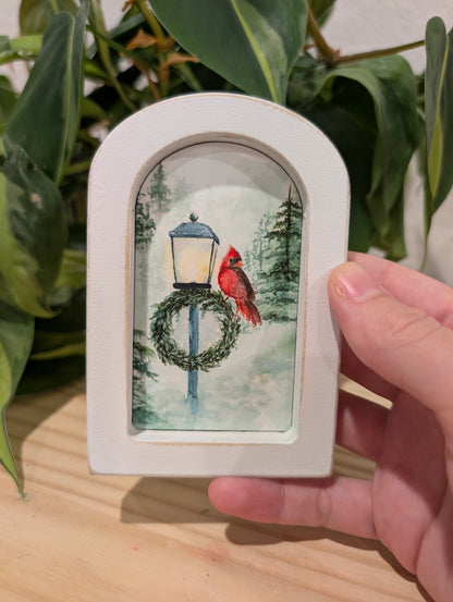 Mini Cardinal Bird on Lamppost Art Print - Wood Arch Frame - Lora Cavallin Art