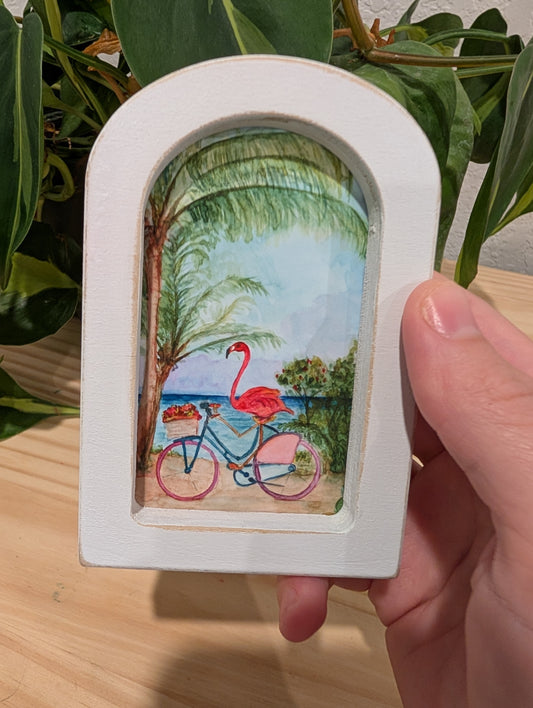 Mini Flamingo on Bike Art Print - Wood Arch Frame - Lora Cavallin Art