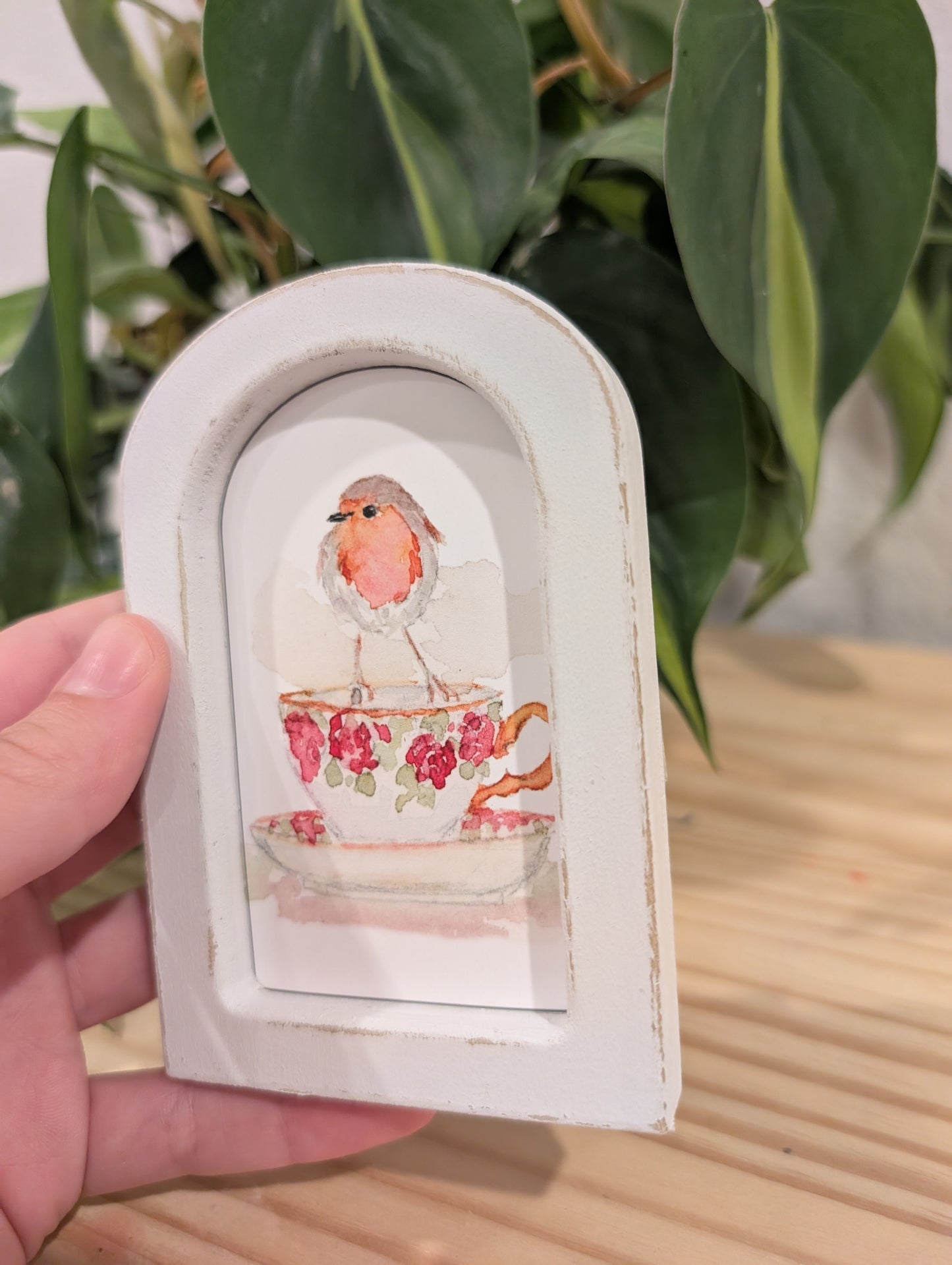 Mini Robin Bird on Teacup Art Print - Wood Arch Frame - Lora Cavallin Art